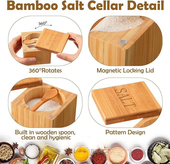 Honeydak Bamboo Salt Cellar Bamboo Storage Box with Magnetic Swivel Lid Wooden Spoon Wood Spice Storage Box Salt Container for Kitchen, 6 oz