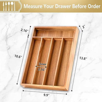 Silverware Organizer, 2 Pack 10 Inch Utensil Organizer Kitchen Drawer Organizer Acacia Silverware Holder Cutlery Tray Organizer in Drawer Flatware Organizer Tray(5 slots, Acacia）