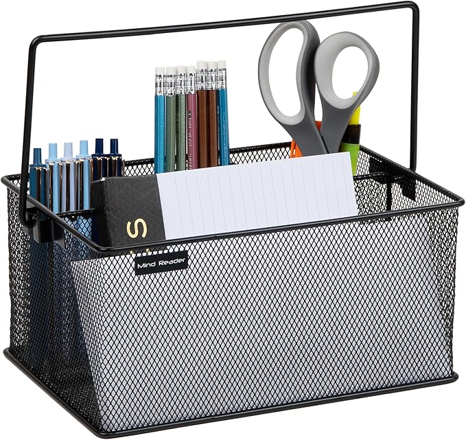 Mind Reader Multi-purpose Storage Caddy with Handle, Desktop Organizer, Cutlery Holder, 4 Compartments, Metal Mesh, Black