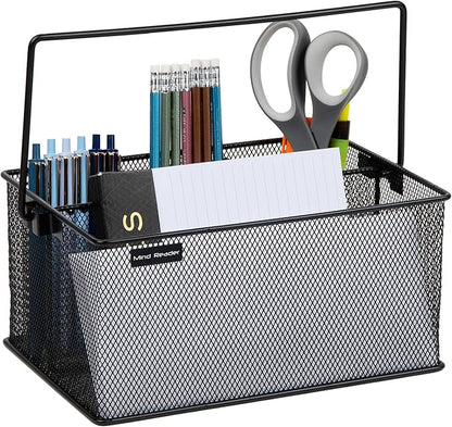 Mind Reader Multi-purpose Storage Caddy with Handle, Desktop Organizer, Cutlery Holder, 4 Compartments, Metal Mesh, Black