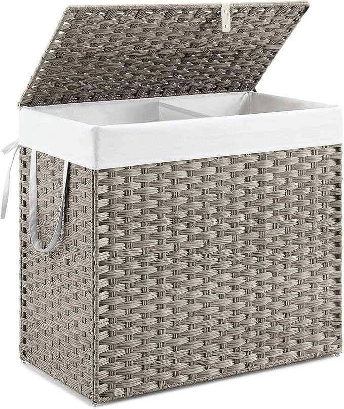 DUMOS Wicker Laundry Basket with Lid, 110L Woven Laundry Hamper with Handles, Foldable Rattan Clothes Hamper with Removable Liner & Sturdy Steel Frame, Dove Gray