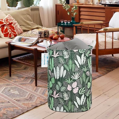 Laundry Basket Canvas Fabric Collapsible Organizer Basket for Storage Bin Toy Bins Gift Baskets Bedroom Clothes Children Nursery Hamper (Round Leaf)