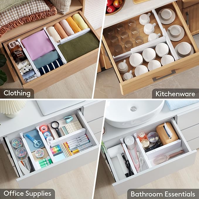 Lifewit 6 Pack Drawer Dividers for Clothes, 10.9-16" Adjustable Drawer Organizers, 4" High Plastic Expandable Drawer Separators in Bedroom/Office/Bathroom/Kitchen Storage, White