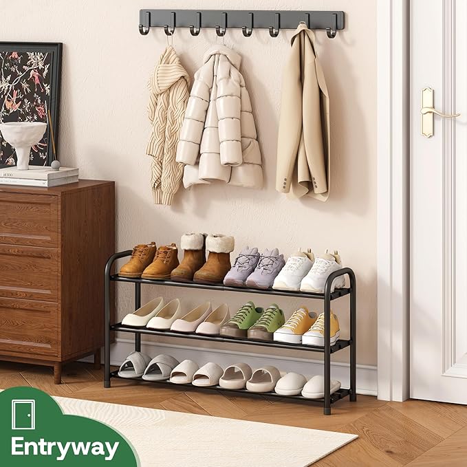 kiplant Shoe Rack for Closet, 3-Tier Expandable Closet Shoe Rack Metal Organizer, Heavy Duty Black Shoe Storage Shelf for Entryway, Doorway, Narrow Space