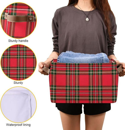 Red Green Tartan Plaid Christmas Large Storage Basket Cube Storage Bin Canvas Fabric Organizer Handles Collapsible Decorative for Clothes Bedroom