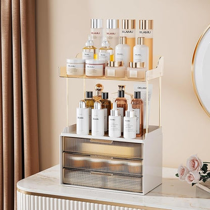 Delamu Bathroom Organizers and Storage, 2 Tier 3 Drawer Makeup Organizer Countertop, Easy to Install, Ideal for Bathroom Counter, Vanity, Ideal Gifts for Women Girls, Amber