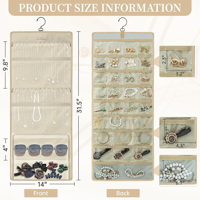GMAK Hanging Jewelry Organizer with Hanger Metal Hooks, Double-Sided Jewelry Holder Accessories Organizer Storage Roll for Jewelry, Earrings, Bracelets, Necklaces, Rings - Beige