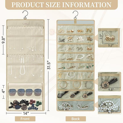 GMAK Hanging Jewelry Organizer with Hanger Metal Hooks, Double-Sided Jewelry Holder Accessories Organizer Storage Roll for Jewelry, Earrings, Bracelets, Necklaces, Rings - Beige