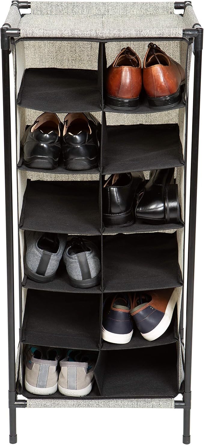 Simplify Free Standing Shoe Rack Organizer, 12 Pair, Good for Heels, Flats & Sneakers, Stackable Design, Black/Grey