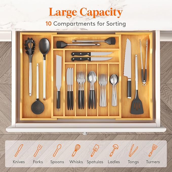 Lifewit Silverware Drawer Organizer, Expandable Utensil Tray for Kitchen, Flatware and Cutlery Holder, Wood Adjustable Storage for Spoons Forks Knives, 17-28 x 18.5, Natural