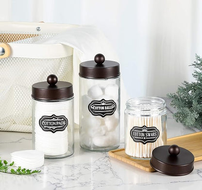 Apothecary Jars 3 Pack - Glass Bathroom Containers with Stainless Steel Lids - Rustic Farmhouse Decor Bathroom Accessories, Vanity Organizer Apothecary Jars for Qtip/Cotton Balls (Bronze)
