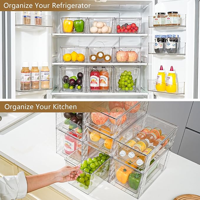 6Pack Pantry Organizers and Storage,Clear Stackable Kitchen Storage Organizer,Foods Organizer Bins with Handles, Easily Assemble for Bathroom, Kitchen, Refrigerator, Pantry, Cabinet, Closet