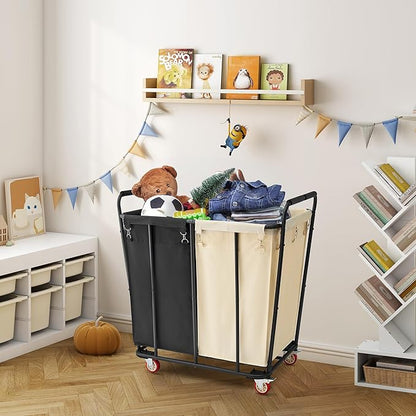Hoctieon 2 Section Laundry Sorter Cart, 400L Rolling Hamper with Wheels, Industrial Laundry Basket Organizer, Extra Large Dirty Clothes Hamper for Home & Hotel, Heavy Duty, Black+Beige
