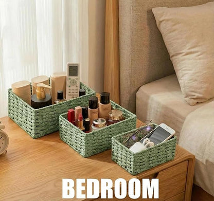 Small Wicker Basket for Organizing, Woven Storage Basket Set of 3 - Handwoven Natural Paper Rope Baskets to Declutter Any Room, Perfect for Organizing and Home Decor (Green)