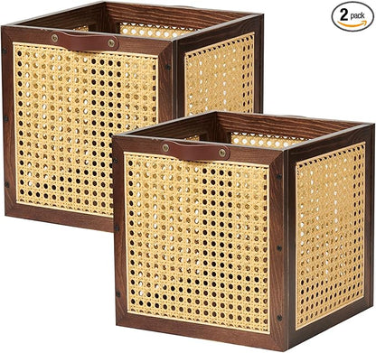 2PCS Rattan Storage Cubes Wooden Storage Baskets Boxes Decorative Natural Handmade Bohemian Solid Wood Woven Wicker Cane Bin Closet Shelf Clothes Organizer Books Magazine Holder (Walnut)