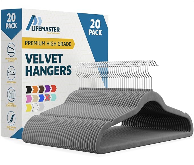 Lifemaster Velvet Non-Slip Hangers - 20 Pieces Non-Slip Coat Hanger Set with 360° Swivel Hook, Space-Saving, Sleek Design, Keep Closet Organized, Smooth Velvet Finish, Lightweight Construction - Gray