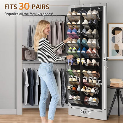 MISSLO 30 Pairs Over the Door Shoe Organizer Breathable Mesh Hanging Shoe Rack for Closet Storage with Wide Deep Pockets 10 Tier Shoes Holder Fit All the Family's Sneakers, Boots, Heels (Black, 71")