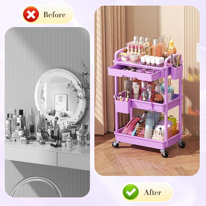 SUNALLY Makeup Cart Organizer with Drawers, Floor Skincare Organizers Vanity Storage Organizer, Rolling Makeup Bathroom Storage Cart Cosmetics Display Cases for Skin Care Perfume Nail Polish, Purple