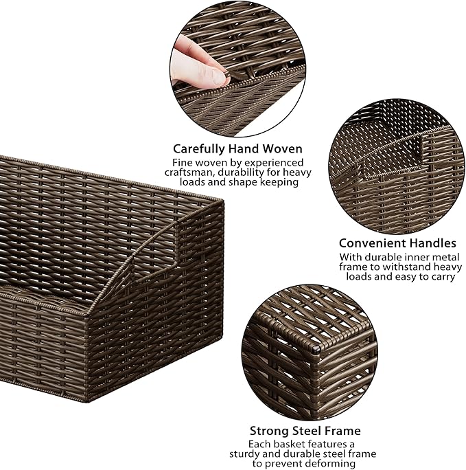 Rattan Storage Baskets, Handwoven Wicker Storage Bins with Built-in Handles, Storage Container Baskets for Shelves, Bedroom, Bathroom, Laundry Room or Kitchen(Brown)