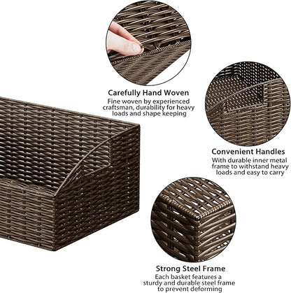 Rattan Storage Baskets, Handwoven Wicker Storage Bins with Built-in Handles, Storage Container Baskets for Shelves, Bedroom, Bathroom, Laundry Room or Kitchen(Brown)