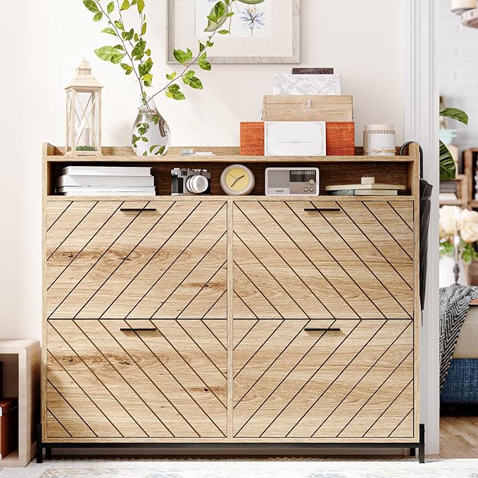 Shoe Cabinet for Entryway,Large Shoe Storage Cabinet with 4 Flip Drawer,Narrow Shoe Organizer Rack with Open Storage Shelf for Hallway,Closet