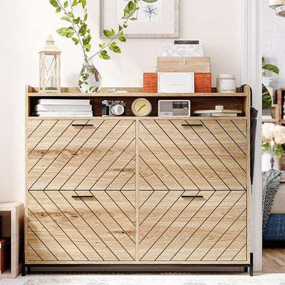 Shoe Cabinet for Entryway,Large Shoe Storage Cabinet with 4 Flip Drawer,Narrow Shoe Organizer Rack with Open Storage Shelf for Hallway,Closet