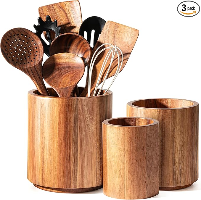 Criusia Utensil Holder 3 Pack, 360° Rotating Acacia Wood Cooking Utensil Crocks for Kitchen Counter, Farmhouse & Modern Decor, (1 Large, 1Medium, 1 Small)