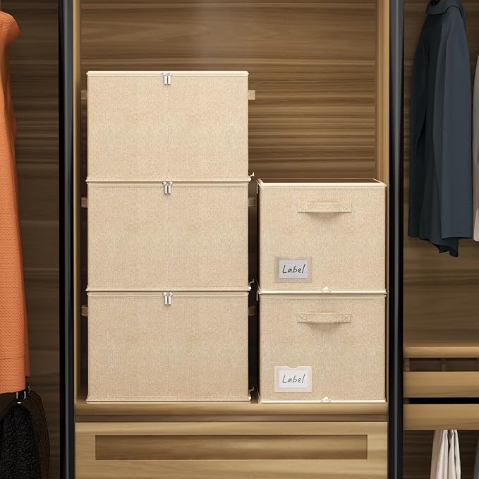 CYhom 2 Pack Shoe Organizer for Closet - Shoe Storage Bins with Clear Cover, Fabric Shoe Storage Containers with Reinforced Handles, Fits up to 24 Pairs (Beige, 16.5 * 12.6 * 12.2in)