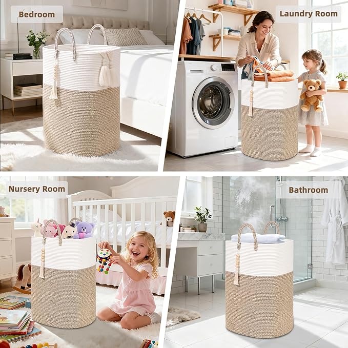 Woven Laundry Basket for Clothes, 100L Large Rectangle Laundry Hampers with Beads Tassel, Nursery Storage Basket for Toys, Tall Dirty Clothes Hamper for Bedroom Aesthetic, Laundry Room Organization