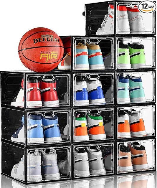 INSTY 12 Pack Large Shoe Storage Box, Clear Shoe Storage Organizer with Magnetic Door, Stackable,Shoe Containers For Display Sneakers, Easy Assembly, Fit up to US Size 12, Transparent