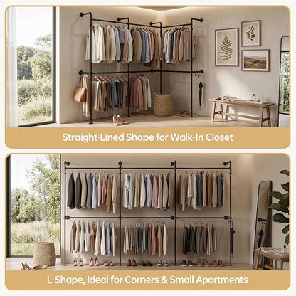 Kryonix Heavy Duty Wall Mounted Closet System, Industrial Pipe Clothing Rack with 6 Hanging Rods, 960LBS Capacity, Space Saving Garment Rack for Walk in Closet Bedroom, Black
