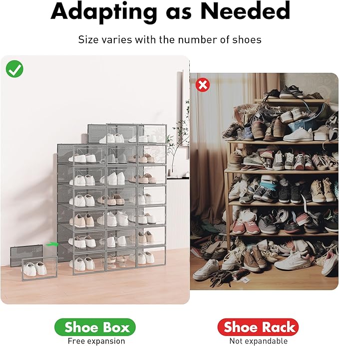 Foluck Shoe Storage Box, 15 Pack Clear Plastic Stackable Shoe Organizer for Closet, Interlocking Design Shoe Container Bins for Sneakers, Foldable Shoe Rack with Lids, Gray