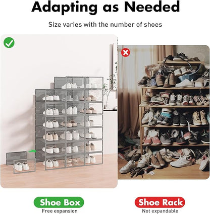 Foluck Shoe Storage Box, 15 Pack Clear Plastic Stackable Shoe Organizer for Closet, Interlocking Design Shoe Container Bins for Sneakers, Foldable Shoe Rack with Lids, Gray