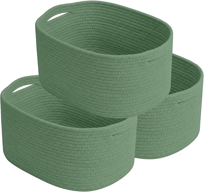ECDYQXVU Cotton Rope Storage Basket, 15x10x9 Inches, Woven Basket for Shelves, Clothes, Towels, Books, and Laundry, Green (3 Pack)