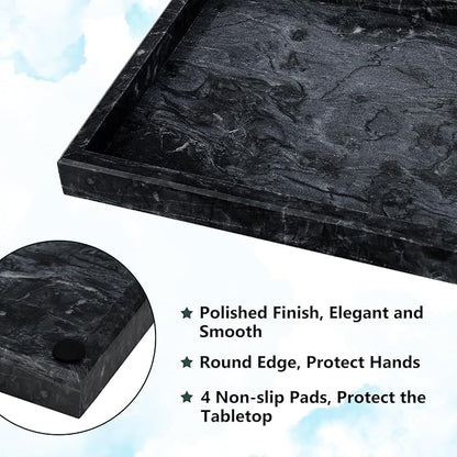 Real Natural Marble Tray for Bathroom, Vanity, Kitchen and Desktop, Rectangle Genuine Marble Stone Tray for Jewelry, Cosmetics, Candles, Lotion, Perfume and Home Decor Black