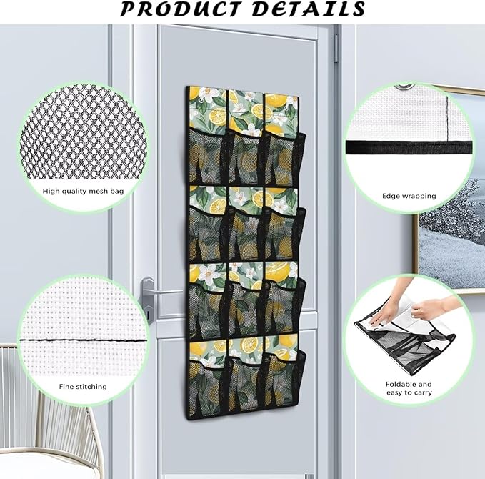 Lemon Print Over the Door Shoe Organizer,Behind Door Shoes Hang Holder Rack,Hanging Shoe Storage Hanging Bag Space Saver