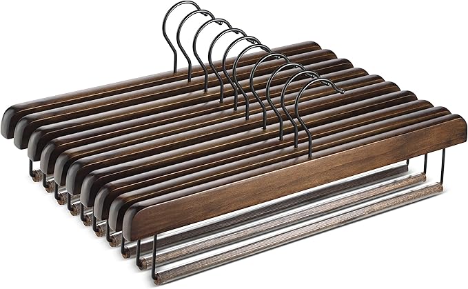 ZOBER High-Grade Wooden Slack/Trouser Pants Hangers with Non Slip Bar Smooth Finish, Durable Wooden Hangers - Slim & Sleek Space Saving Closet Hangers, 360° Hook- Ideal for Pant (Vintage, 10)