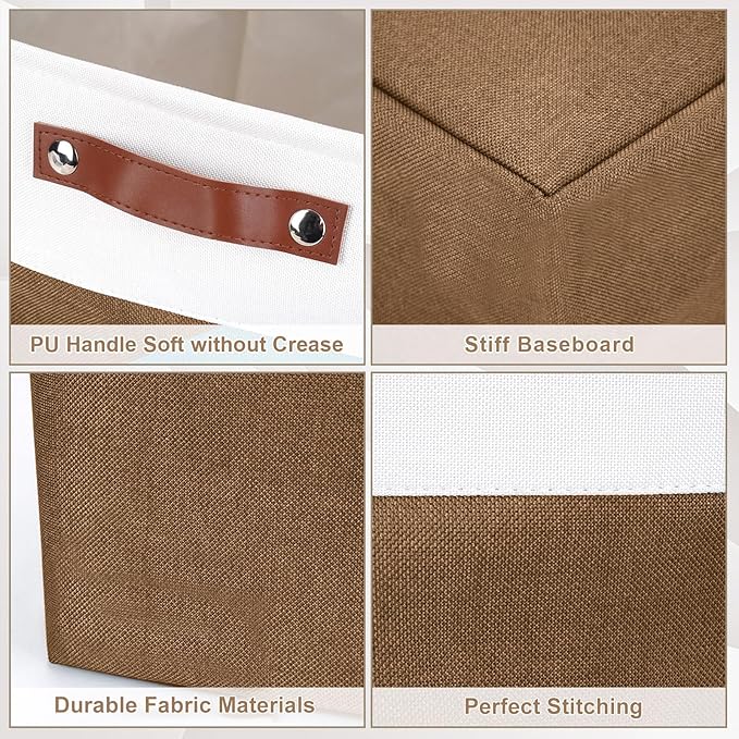 Bagnizer Large Fabric Storage Baskets | 50L Storage Bins, Decorative Linen Closet Baskets with Handles for Organizing, Shelf, Toys, Clothes, Home, Office, Nursery, 17x12x15Inches (Brown&White)