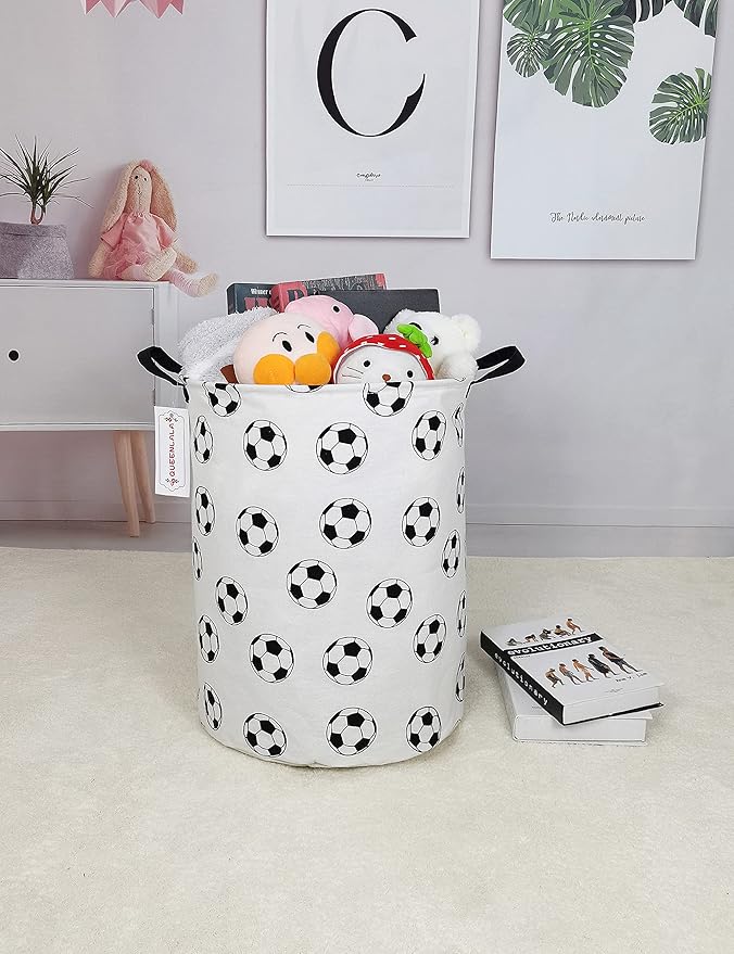 QUEENLALA Large Storage Basket,Laundry Hamper/Bathroom/Home Decor/Collapsible Round Storage Bin,Boys and Girls Hamper/Boxes/Clothing(Round-Football)