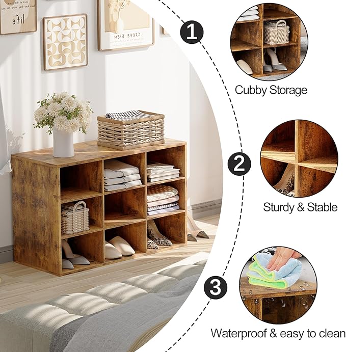 Aenuert 9-Cubby Shoe Rack, 3-Tier Wood Shoe Organizer, Multifunctional Shoe Organizer Bench for Entryway, Mudroom, Hallway, Closet,27.5 * 11.81 * 17.72 Inch,Brown