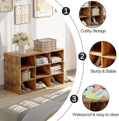 Aenuert 9-Cubby Shoe Rack, 3-Tier Wood Shoe Organizer, Multifunctional Shoe Organizer Bench for Entryway, Mudroom, Hallway, Closet,27.5 * 11.81 * 17.72 Inch,Brown