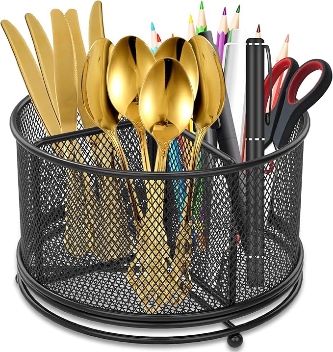 US 360°Rotating Utensil Caddy Kitchen Utensil Holder 6.7×6.7×5.1 Inch Metal Utensil Organizer 4-Compartment Metal Utensil Caddy Rotatable Cutlery Holder Multifunctional Flatware Organizer for Home