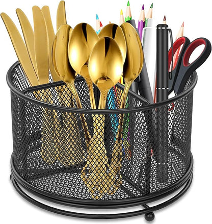 US 360°Rotating Utensil Caddy Kitchen Utensil Holder 6.7×6.7×5.1 Inch Metal Utensil Organizer 4-Compartment Metal Utensil Caddy Rotatable Cutlery Holder Multifunctional Flatware Organizer for Home