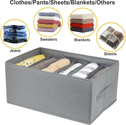 Fordonral Extra Large Clothes Closet Organizer 6 Compartments for Jean Sweater Sheets to Shirt - Divided Clothing Storage Boxes for Closet, Wordrobe, Bedroom, Shelf (4pc Gray)