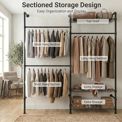 Wall Mounted Closet System – Adjustable Clothing Rack with 2 Expandable Rods & 3 Shelves, Heavy Duty Industrial Pipe Clothes Rack for Closet Organizer and Storage, Black