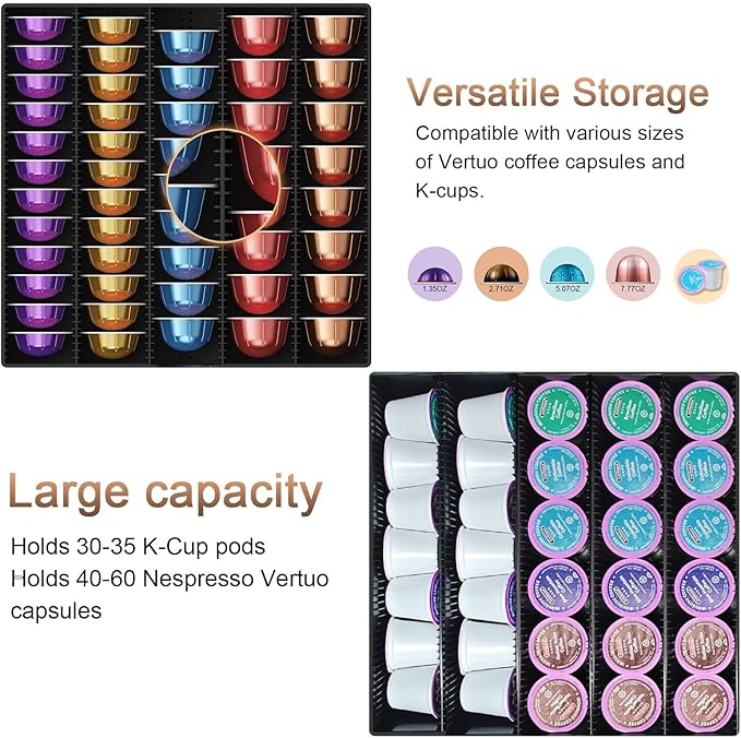Coffee Pods Drawer Organizer Compatible with Nespresso Vertuo Pods Holds Up to 60 Small or 40 Large (Brown)