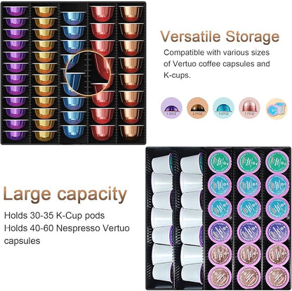 Coffee Pods Drawer Organizer Compatible with Nespresso Vertuo Pods Holds Up to 60 Small or 40 Large (Brown)