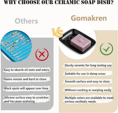 Gomakren Ceramic Soap Dish with Raised Scalloped Design, Versatile Soap Holder & Tray for Bathroom and Kitchen Sink, Prevents Soggy Soap, Modern Decor, Easy to Clean, Black (5.59" x 4.02")