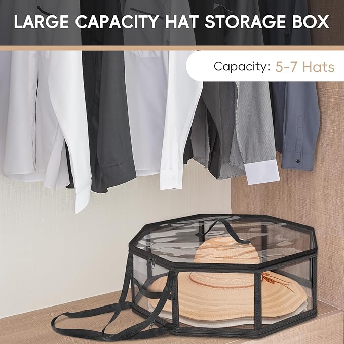Clear Hat Organizer, Clear Hat Boxes for Women Storage, Dual Zipper and Handles, Foldable Travel Hat Storage, 16" D x 7" H, 2 Pack-Black