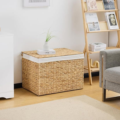 Water Hyacinth Storage Basket with Lid, 46.2 Gallon (175L) Wicker Shelf Basket with Removable Liner, Wicker Storage Basket for Blanket, for Livingroom, Bedroom, Natural